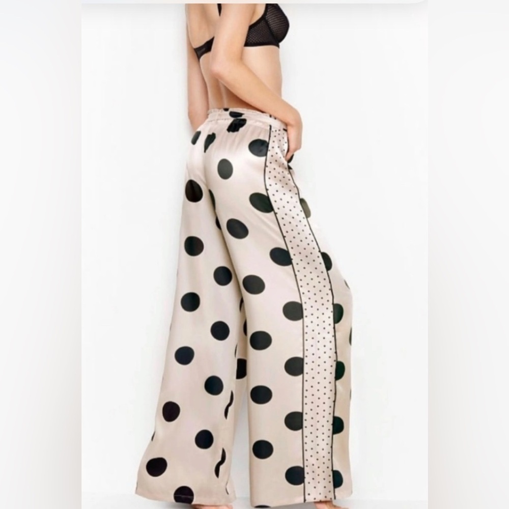 Victoria's Secret Black Polka Dot Silky Tie Waist Wide-Leg PJ Pants